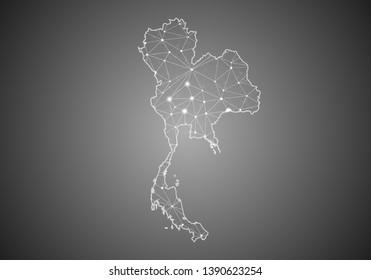 Vector wireframe mesh polygonal of Thailand map. Abstract global connection structure. Map connected with lines and dots. Geometric world concept. digital data visualization, infographics.