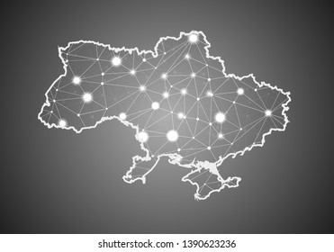 Vector wireframe mesh polygonal of ukraine map. Abstract global connection structure. Map connected with lines and dots. Geometric world concept. digital data visualization, infographics.