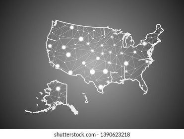 Vector wireframe mesh polygonal of United State of American map. Abstract global connection structure. Map connected with lines and dots. Geometric world concept. digital data visualization