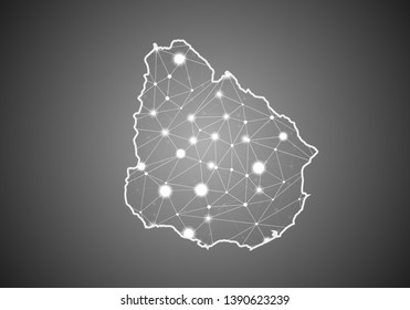 Vector wireframe mesh polygonal of uruguay map. Abstract global connection structure. Map connected with lines and dots. Geometric world concept. digital data visualization, infographics.