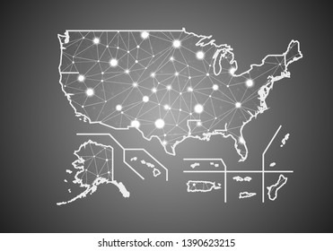 Vector Wireframe Mesh Polygonal Of Usa Territories Map. Abstract Global Connection Structure. Map Connected With Lines And Dots. Geometric World Concept. Digital Data Visualization, Infographics.