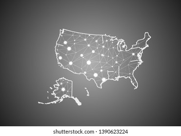 Vector wireframe mesh polygonal of usa map. Abstract global connection structure. Map connected with lines and dots. Geometric world concept. digital data visualization, infographics.