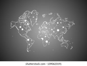 Vector wireframe mesh polygonal of world map. Abstract global connection structure. Map connected with lines and dots. Geometric world concept. digital data visualization, infographics.
