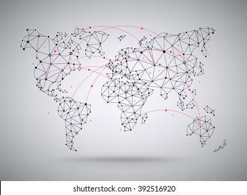 Vector wireframe mesh polygonal world map. Abstract global connection structure. Continents connected with lines and dots. Geometric world concept. Ideal for digital data visualization, infographics