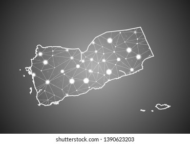 Vector wireframe mesh polygonal of yemen map. Abstract global connection structure. Map connected with lines and dots. Geometric world concept. digital data visualization, infographics.