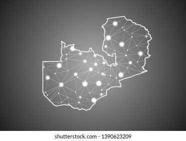 Vector wireframe mesh polygonal of zambia map. Abstract global connection structure. Map connected with lines and dots. Geometric world concept. digital data visualization, infographics.