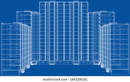 Vector wire-frame model of a multi-storey residential building. Construction concept. Drawing or blueprint style. Vector made from 3d model