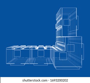 Vector wire-frame model of a multi-storey residential building. Construction concept. Drawing or blueprint style. Vector made from 3d model