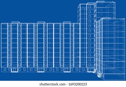 Vector wire-frame model of a multi-storey residential building. Construction concept. Drawing or blueprint style. Vector made from 3d model