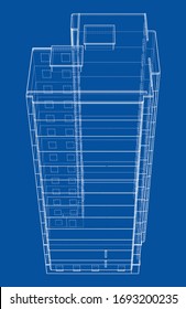Vector wire-frame model of a multi-storey residential building. Construction concept. Drawing or blueprint style. Vector made from 3d model