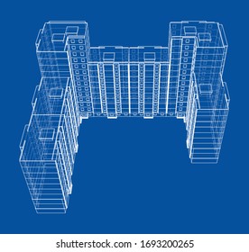 Vektorillustration Drahtmodell eines mehrstöckigen Wohngebäudes. Baukonzept. Zeichnen oder Planen-Stil. Vektorillustration aus 3D-Modell