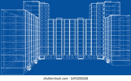 Vector wire-frame model of a multi-storey residential building. Construction concept. Drawing or blueprint style. Vector made from 3d model
