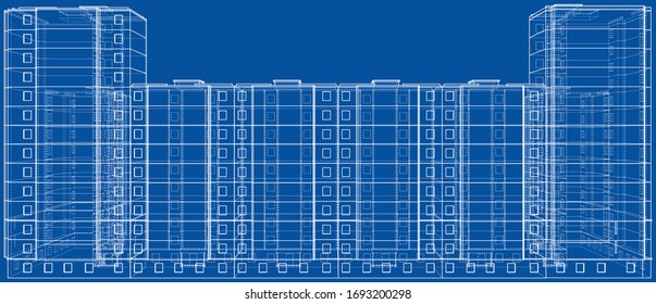 Vector wire-frame model of a multi-storey residential building. Construction concept. Drawing or blueprint style. Vector made from 3d model