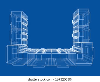 Vector wire-frame model of a multi-storey residential building. Construction concept. Drawing or blueprint style. Vector made from 3d model