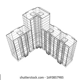 Vector wire-frame model of a multi-storey residential building. Construction concept. Drawing or blueprint style. Vector made from 3d model