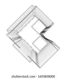 Vector wire-frame model of a multi-storey residential building. Construction concept. Drawing or blueprint style. Vector made from 3d model