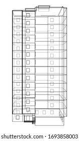 Vector wire-frame model of a multi-storey residential building. Construction concept. Drawing or blueprint style. Vector made from 3d model
