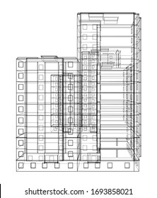 Modelo vectorial de alambre de un edificio residencial de varios pisos. Concepto de construcción. Estilo de dibujo o plano. Vector de modelo 3d