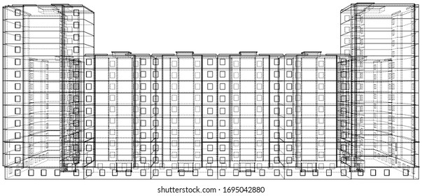 Vector wire-frame model of a multi-storey residential building. Construction concept. Drawing or blueprint style. Vector made from 3d model