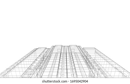 Vector wire-frame model of a multi-storey residential building. Construction concept. Drawing or blueprint style. Vector made from 3d model