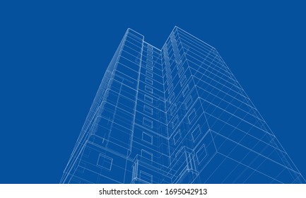 Vector Wire-frame Model Of A Multi-storey Residential Building. Construction Concept. Drawing Or Blueprint Style. Vector Made From 3d Model