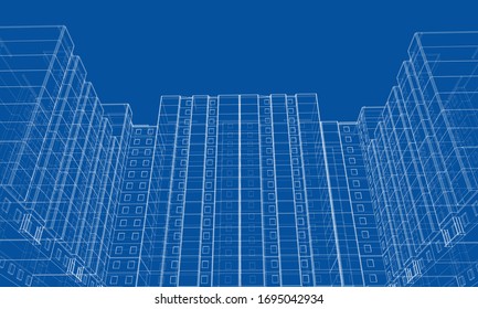 Vector wire-frame model of a multi-storey residential building. Construction concept. Drawing or blueprint style. Vector made from 3d model