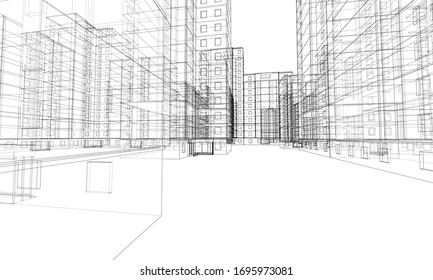 Vector wire-frame model of a multi-storey residential building. Construction concept. Drawing or blueprint style. Vector made from 3d model