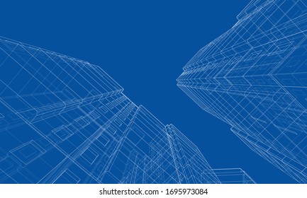 Vector wire-frame model of a multi-storey residential building. Construction concept. Drawing or blueprint style. Vector made from 3d model