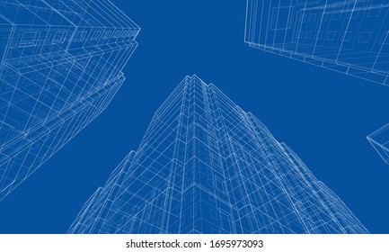 Modelo vectorial de alambre de un edificio residencial de varios pisos. Concepto de construcción. Estilo de dibujo o plano. Vector de modelo 3d