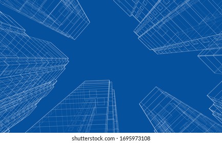 Vector wire-frame model of a multi-storey residential building. Construction concept. Drawing or blueprint style. Vector made from 3d model