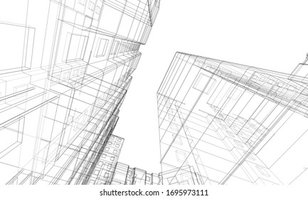 Vector wire-frame model of a multi-storey residential building. Construction concept. Drawing or blueprint style. Vector made from 3d model