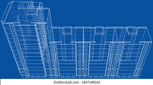 Vector wire-frame model of a multi-storey residential building. Construction concept. Drawing or blueprint style. Vector made from 3d model