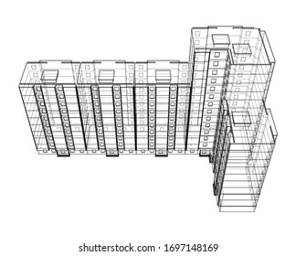 Vector wire-frame model of a multi-storey residential building. Construction concept. Drawing or blueprint style. Vector made from 3d model
