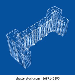 Vector wire-frame model of a multi-storey residential building. Construction concept. Drawing or blueprint style. Vector made from 3d model