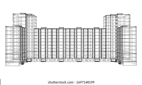 Vector wire-frame model of a multi-storey residential building. Construction concept. Drawing or blueprint style. Vector made from 3d model