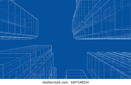 Vector wire-frame model of a multi-storey residential building. Construction concept. Drawing or blueprint style. Vector made from 3d model