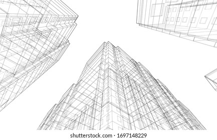 Vector wire-frame model of a multi-storey residential building. Construction concept. Drawing or blueprint style. Vector made from 3d model