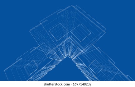 Vector wire-frame model of a multi-storey residential building. Construction concept. Drawing or blueprint style. Vector made from 3d model