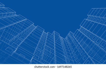Vector wire-frame model of a multi-storey residential building. Construction concept. Drawing or blueprint style. Vector made from 3d model