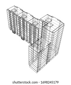 Modelo vectorial de alambre de un edificio residencial de varios pisos. Concepto de construcción. Estilo de dibujo o plano. Vector de modelo 3d