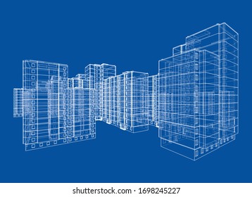 Vector Wire-frame Model Of A Multi-storey Residential Building. Construction Concept. Drawing Or Blueprint Style. Vector Made From 3d Model