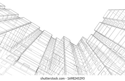 Vector wire-frame model of a multi-storey residential building. Construction concept. Drawing or blueprint style. Vector made from 3d model
