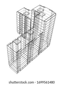 Vector wire-frame model of a multi-storey residential building. Construction concept. Drawing or blueprint style. Vector made from 3d model