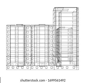 Vector wire-frame model of a multi-storey residential building. Construction concept. Drawing or blueprint style. Vector made from 3d model