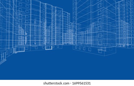 Vector wire-frame model of a multi-storey residential building. Construction concept. Drawing or blueprint style. Vector made from 3d model