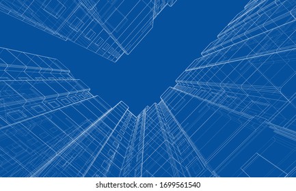 Modelo vectorial de alambre de un edificio residencial de varios pisos. Concepto de construcción. Estilo de dibujo o plano. Vector de modelo 3d