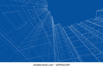 Modelo vectorial de alambre de un edificio residencial de varios pisos. Concepto de construcción. Estilo de dibujo o plano. Vector de modelo 3d