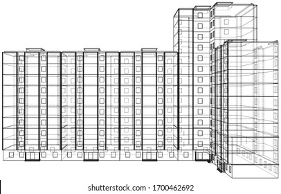 Vector wire-frame model of a multi-storey residential building. Construction concept. Drawing or blueprint style. Vector made from 3d model