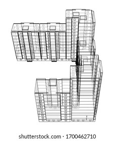 Vector wire-frame model of a multi-storey residential building. Construction concept. Drawing or blueprint style. Vector made from 3d model