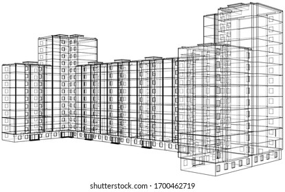 Vektorillustration Drahtmodell eines mehrstöckigen Wohngebäudes. Baukonzept. Zeichnen oder Planen-Stil. Vektorillustration aus 3D-Modell